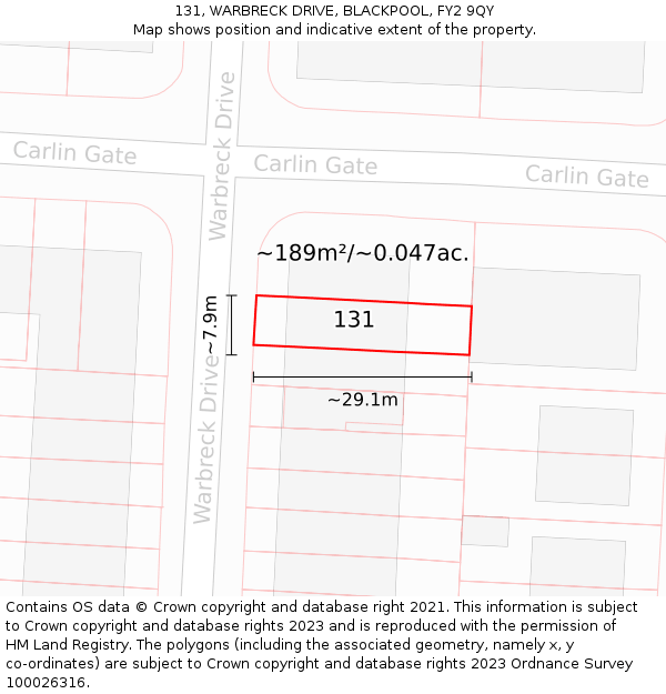 131, WARBRECK DRIVE, BLACKPOOL, FY2 9QY: Plot and title map