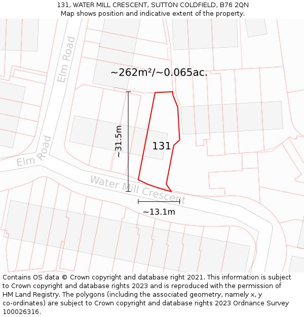 131, WATER MILL CRESCENT, SUTTON COLDFIELD, B76 2QN: Plot and title map