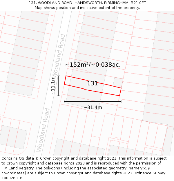 131, WOODLAND ROAD, HANDSWORTH, BIRMINGHAM, B21 0ET: Plot and title map