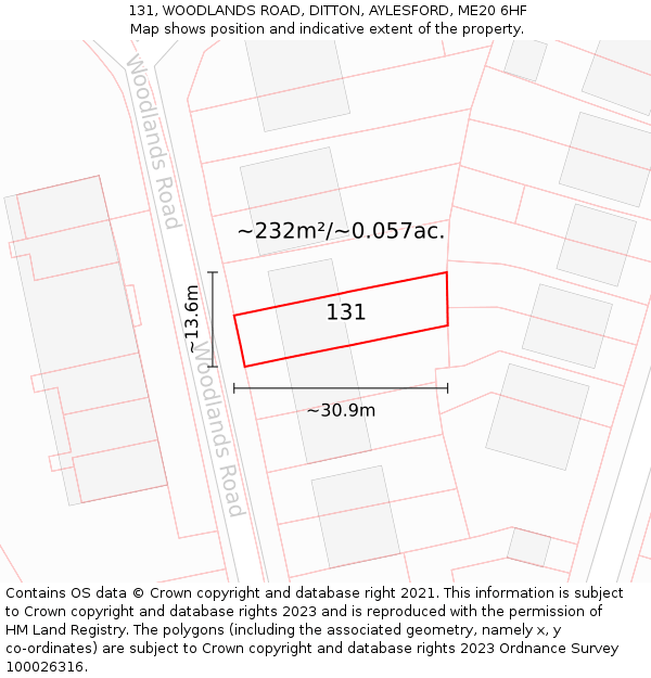 131, WOODLANDS ROAD, DITTON, AYLESFORD, ME20 6HF: Plot and title map