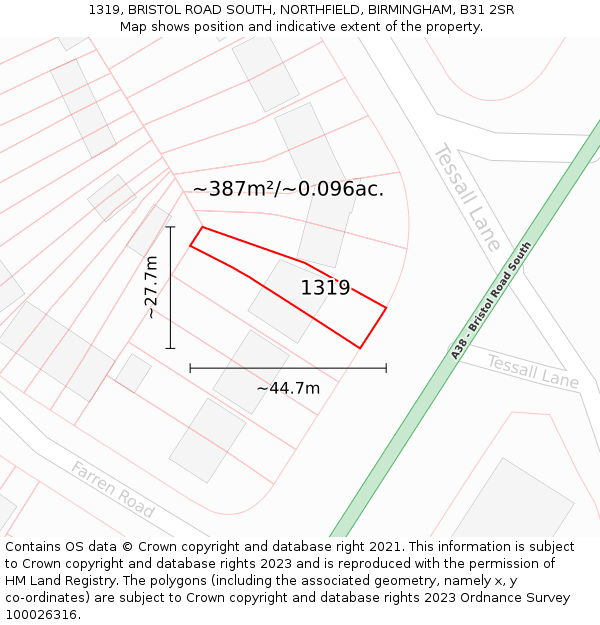 1319, BRISTOL ROAD SOUTH, NORTHFIELD, BIRMINGHAM, B31 2SR: Plot and title map