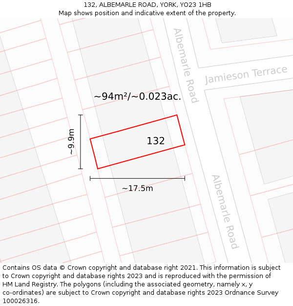 132, ALBEMARLE ROAD, YORK, YO23 1HB: Plot and title map