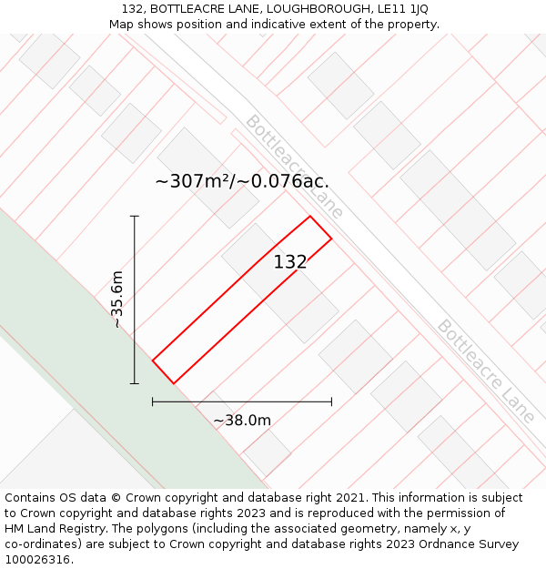 132, BOTTLEACRE LANE, LOUGHBOROUGH, LE11 1JQ: Plot and title map