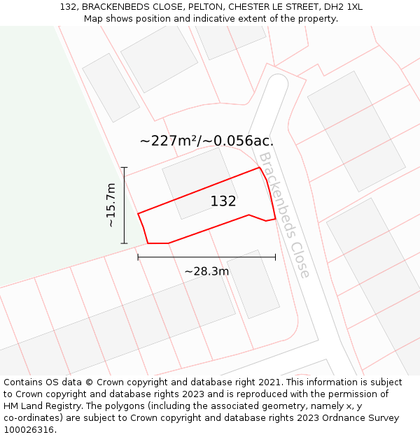 132, BRACKENBEDS CLOSE, PELTON, CHESTER LE STREET, DH2 1XL: Plot and title map