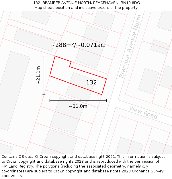 132, BRAMBER AVENUE NORTH, PEACEHAVEN, BN10 8DG: Plot and title map