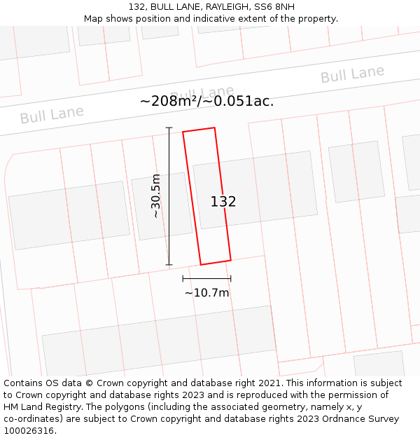 132, BULL LANE, RAYLEIGH, SS6 8NH: Plot and title map