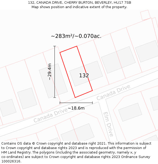 132, CANADA DRIVE, CHERRY BURTON, BEVERLEY, HU17 7SB: Plot and title map