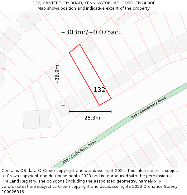 132, CANTERBURY ROAD, KENNINGTON, ASHFORD, TN24 9QE: Plot and title map