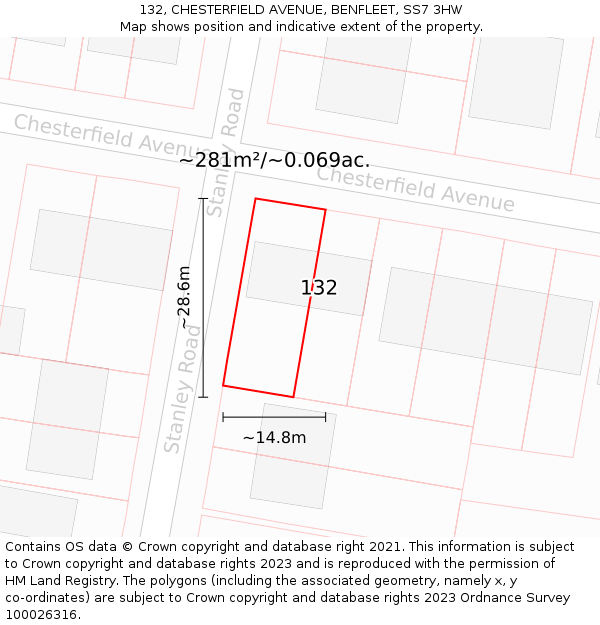 132, CHESTERFIELD AVENUE, BENFLEET, SS7 3HW: Plot and title map