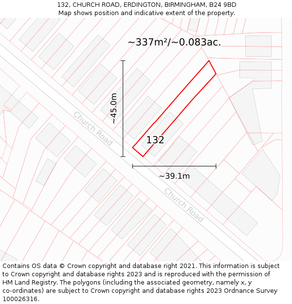 132, CHURCH ROAD, ERDINGTON, BIRMINGHAM, B24 9BD: Plot and title map