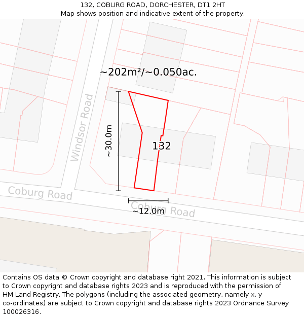 132, COBURG ROAD, DORCHESTER, DT1 2HT: Plot and title map