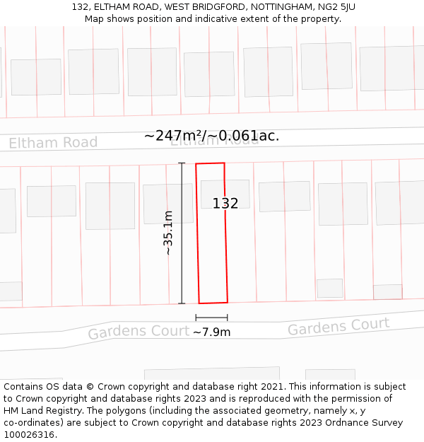 132, ELTHAM ROAD, WEST BRIDGFORD, NOTTINGHAM, NG2 5JU: Plot and title map