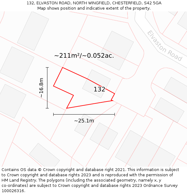 132, ELVASTON ROAD, NORTH WINGFIELD, CHESTERFIELD, S42 5GA: Plot and title map