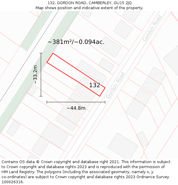 132, GORDON ROAD, CAMBERLEY, GU15 2JQ: Plot and title map