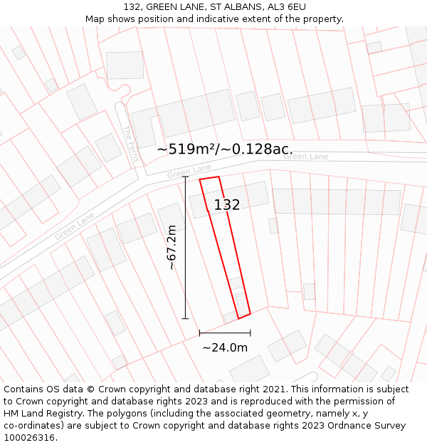 132, GREEN LANE, ST ALBANS, AL3 6EU: Plot and title map