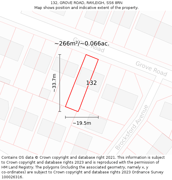 132, GROVE ROAD, RAYLEIGH, SS6 8RN: Plot and title map