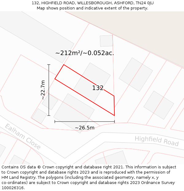 132, HIGHFIELD ROAD, WILLESBOROUGH, ASHFORD, TN24 0JU: Plot and title map