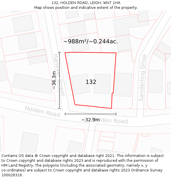 132, HOLDEN ROAD, LEIGH, WN7 1HA: Plot and title map