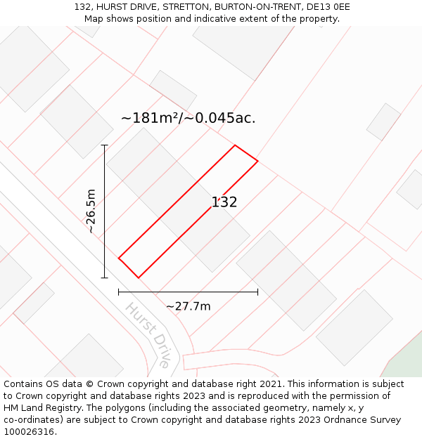 132, HURST DRIVE, STRETTON, BURTON-ON-TRENT, DE13 0EE: Plot and title map