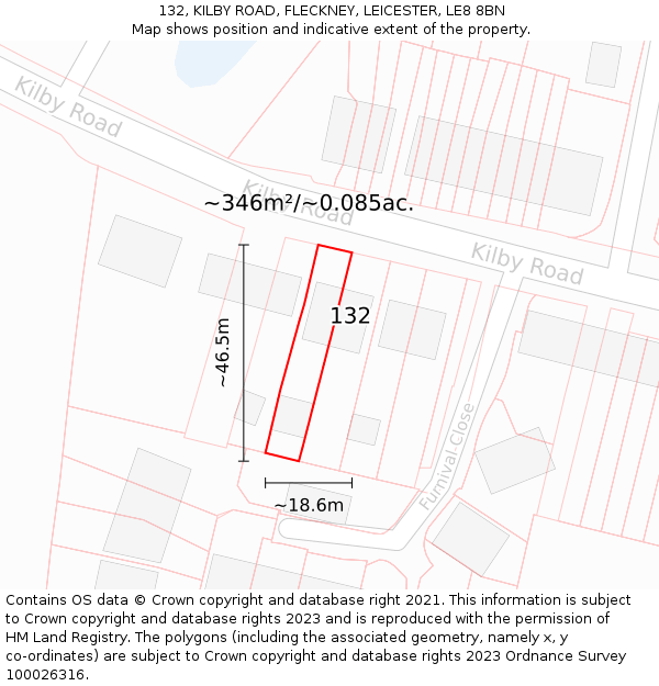 132, KILBY ROAD, FLECKNEY, LEICESTER, LE8 8BN: Plot and title map