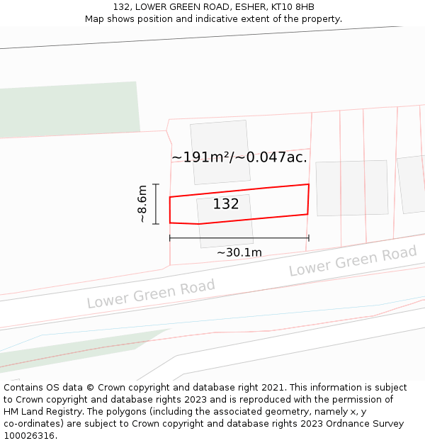 132, LOWER GREEN ROAD, ESHER, KT10 8HB: Plot and title map