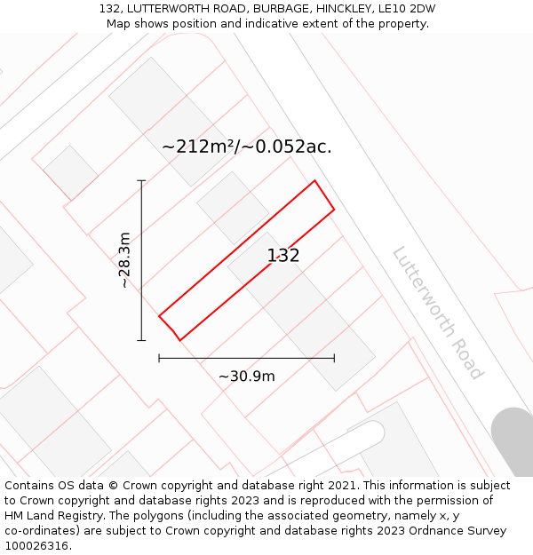 132, LUTTERWORTH ROAD, BURBAGE, HINCKLEY, LE10 2DW: Plot and title map