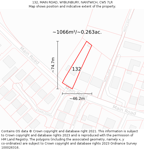 132, MAIN ROAD, WYBUNBURY, NANTWICH, CW5 7LR: Plot and title map