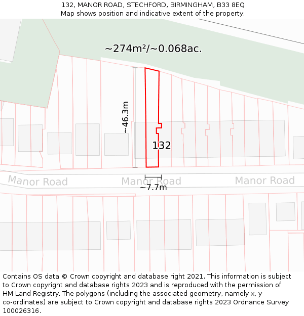 132, MANOR ROAD, STECHFORD, BIRMINGHAM, B33 8EQ: Plot and title map