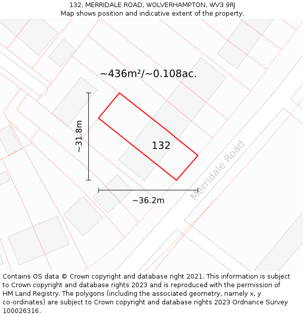 132, MERRIDALE ROAD, WOLVERHAMPTON, WV3 9RJ: Plot and title map