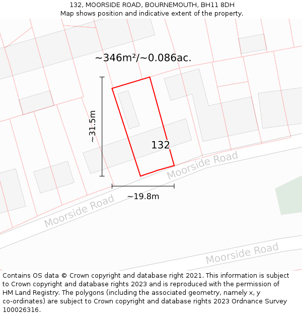 132, MOORSIDE ROAD, BOURNEMOUTH, BH11 8DH: Plot and title map