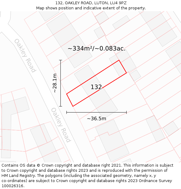 132, OAKLEY ROAD, LUTON, LU4 9PZ: Plot and title map