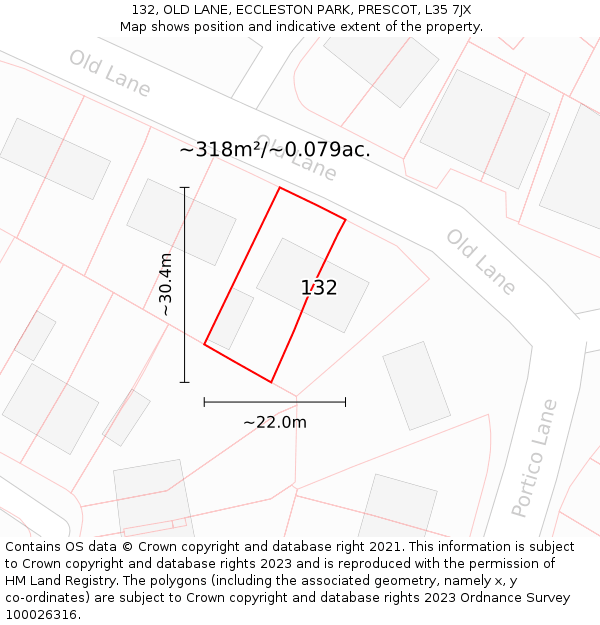 132, OLD LANE, ECCLESTON PARK, PRESCOT, L35 7JX: Plot and title map