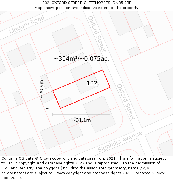 132, OXFORD STREET, CLEETHORPES, DN35 0BP: Plot and title map