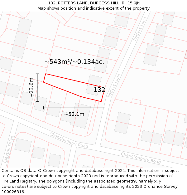 132, POTTERS LANE, BURGESS HILL, RH15 9JN: Plot and title map