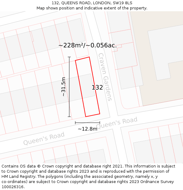 132, QUEENS ROAD, LONDON, SW19 8LS: Plot and title map