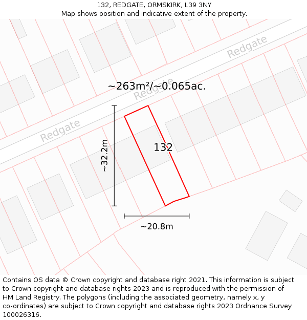 132, REDGATE, ORMSKIRK, L39 3NY: Plot and title map