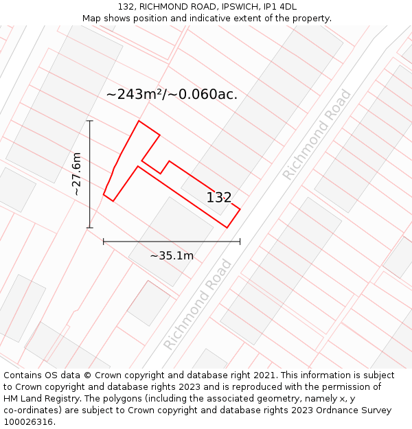 132, RICHMOND ROAD, IPSWICH, IP1 4DL: Plot and title map