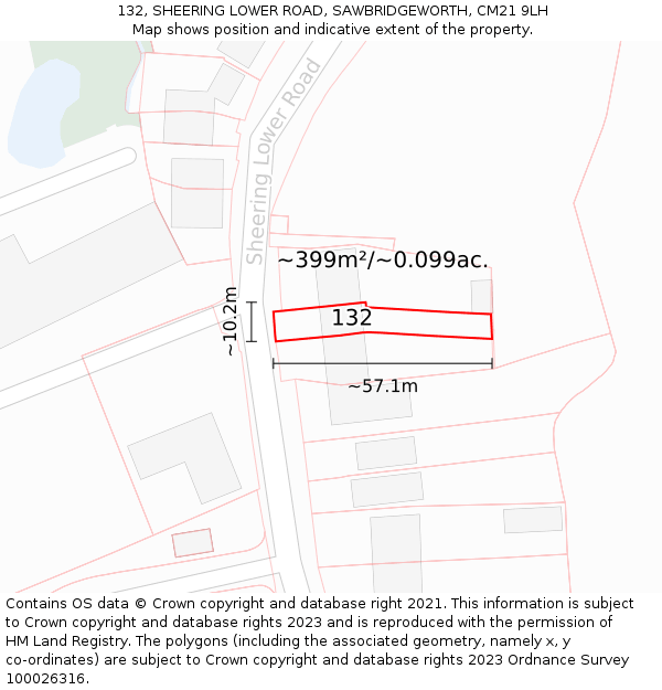 132, SHEERING LOWER ROAD, SAWBRIDGEWORTH, CM21 9LH: Plot and title map