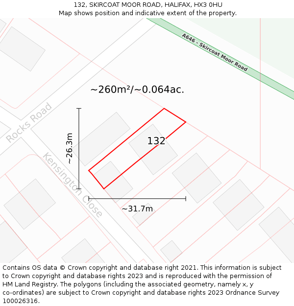 132, SKIRCOAT MOOR ROAD, HALIFAX, HX3 0HU: Plot and title map