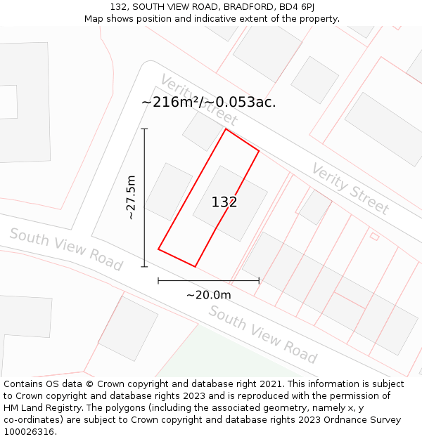 132, SOUTH VIEW ROAD, BRADFORD, BD4 6PJ: Plot and title map