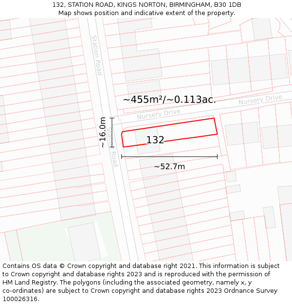 132, STATION ROAD, KINGS NORTON, BIRMINGHAM, B30 1DB: Plot and title map