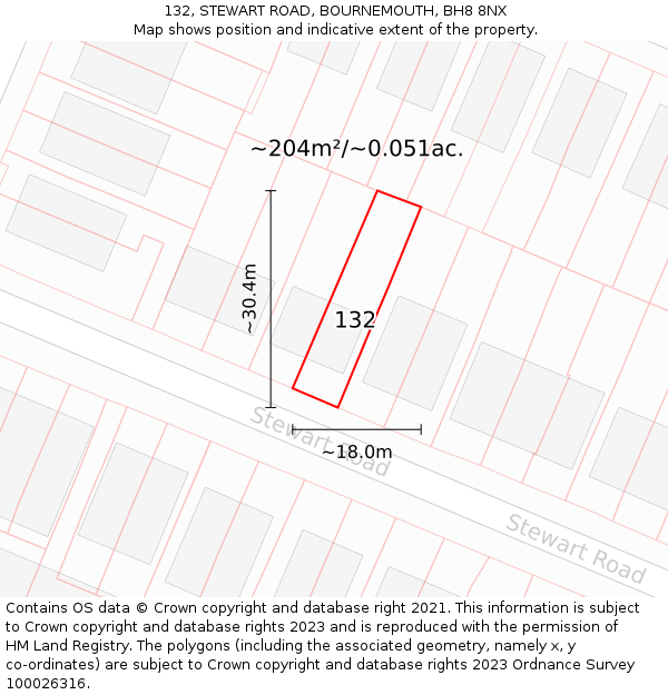 132, STEWART ROAD, BOURNEMOUTH, BH8 8NX: Plot and title map