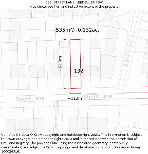 132, STREET LANE, LEEDS, LS8 2BW: Plot and title map