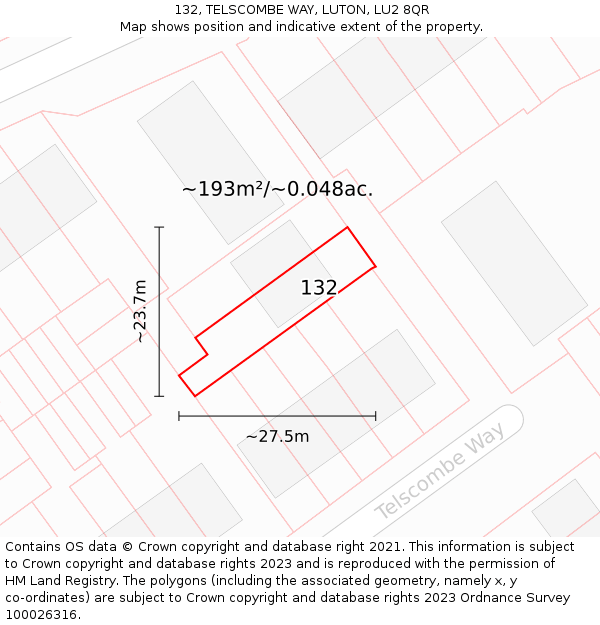 132, TELSCOMBE WAY, LUTON, LU2 8QR: Plot and title map