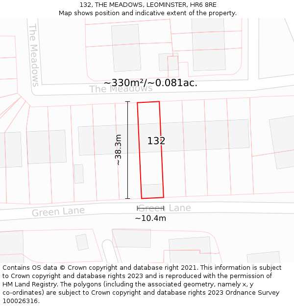 132, THE MEADOWS, LEOMINSTER, HR6 8RE: Plot and title map