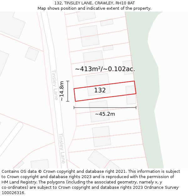 132, TINSLEY LANE, CRAWLEY, RH10 8AT: Plot and title map