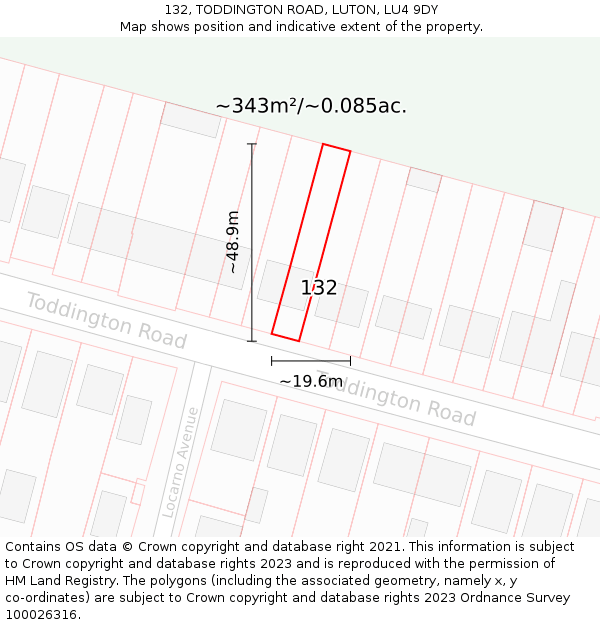 132, TODDINGTON ROAD, LUTON, LU4 9DY: Plot and title map