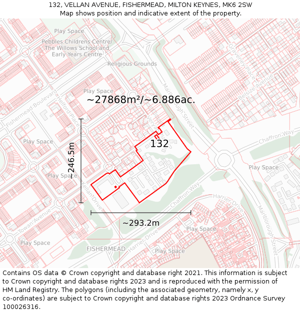 132, VELLAN AVENUE, FISHERMEAD, MILTON KEYNES, MK6 2SW: Plot and title map