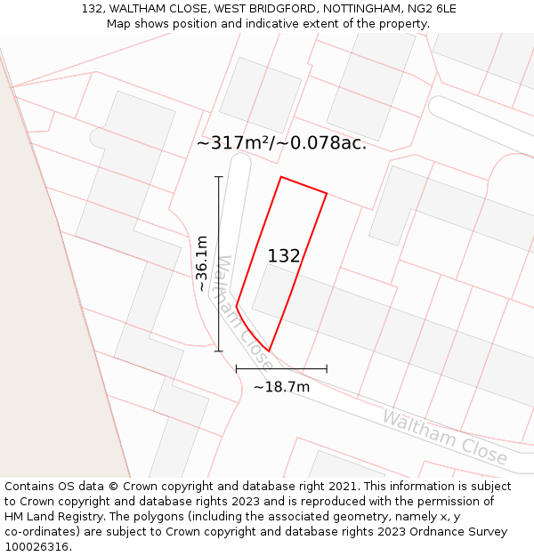 132, WALTHAM CLOSE, WEST BRIDGFORD, NOTTINGHAM, NG2 6LE: Plot and title map