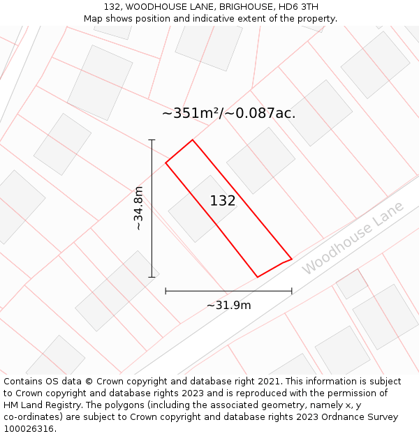 132, WOODHOUSE LANE, BRIGHOUSE, HD6 3TH: Plot and title map